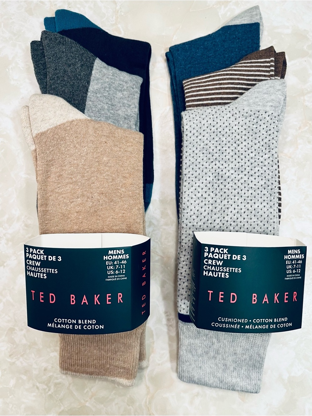 Ted Baker 6-Pack Men’s Crew Socks in Beige, Gray, Blue & Brown Accents